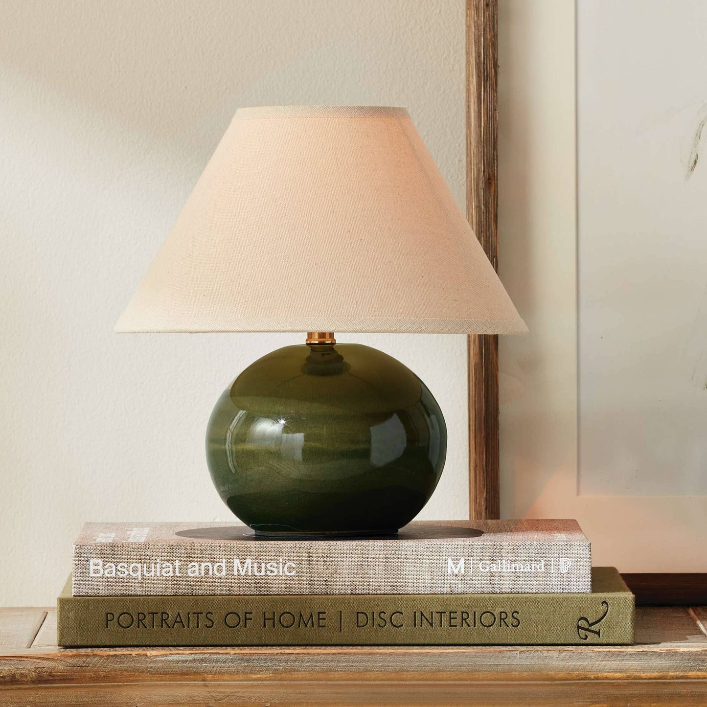 Charlie Mini Lamp - Green Crackle Glaze - Linen Shade - 10"