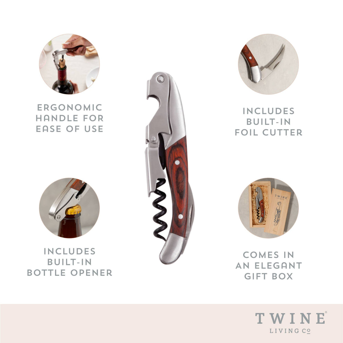 Rosewood Handle Double Hinged Corkscrew with Wood Gift Box