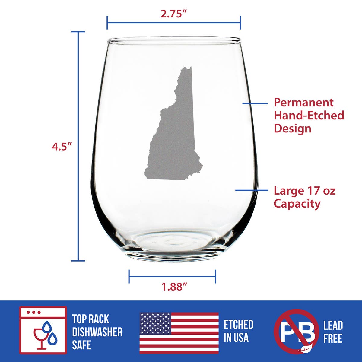 New Hampshire Map Gifts - Stemless Wine Glass - Engraved