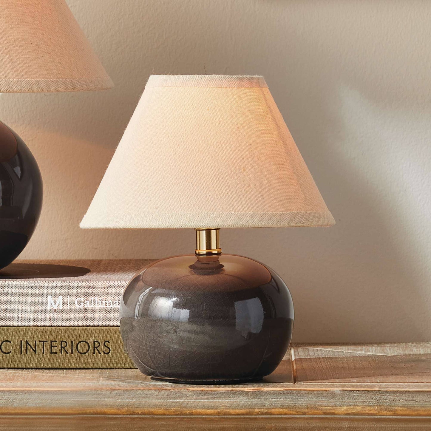 Oscar Mini Lamp - Gray Crackle Glaze - Linen Shade - 8"