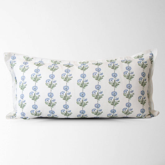 Amalthea Blue Linen Block Print Lumbar Pillow Cover