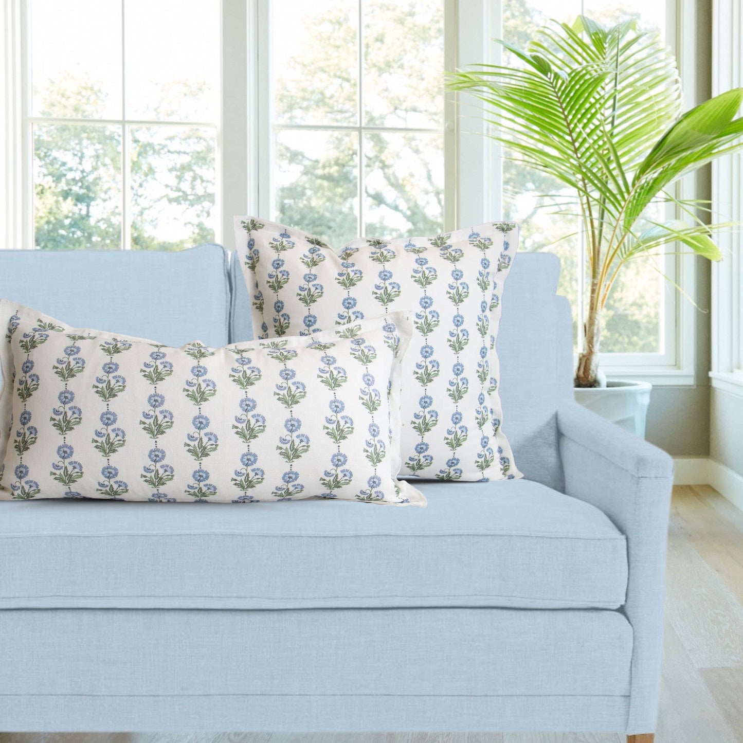 Amalthea Blue Linen Block Print Lumbar Pillow Cover