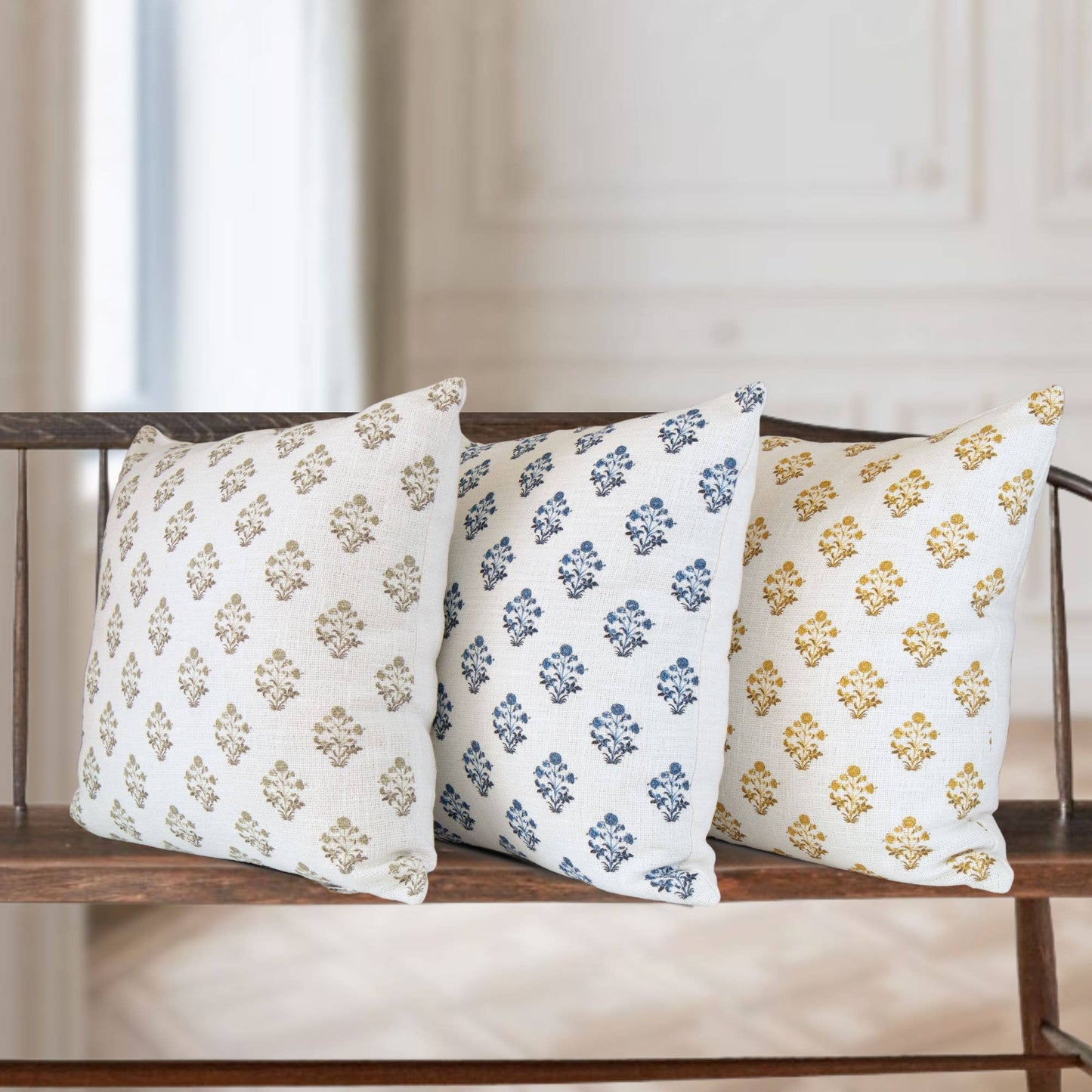 Isabella Gold Floral Block Print Pillow Cover –Elegant Decor