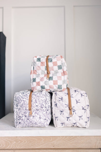 Quilted Makeup Bag for Women | Self Standing Toiletry Organizer Pouch | Large Collapsible Travel Bag | Cute Gift for Her