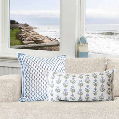 Amalthea Blue Linen Block Print Lumbar Pillow Cover