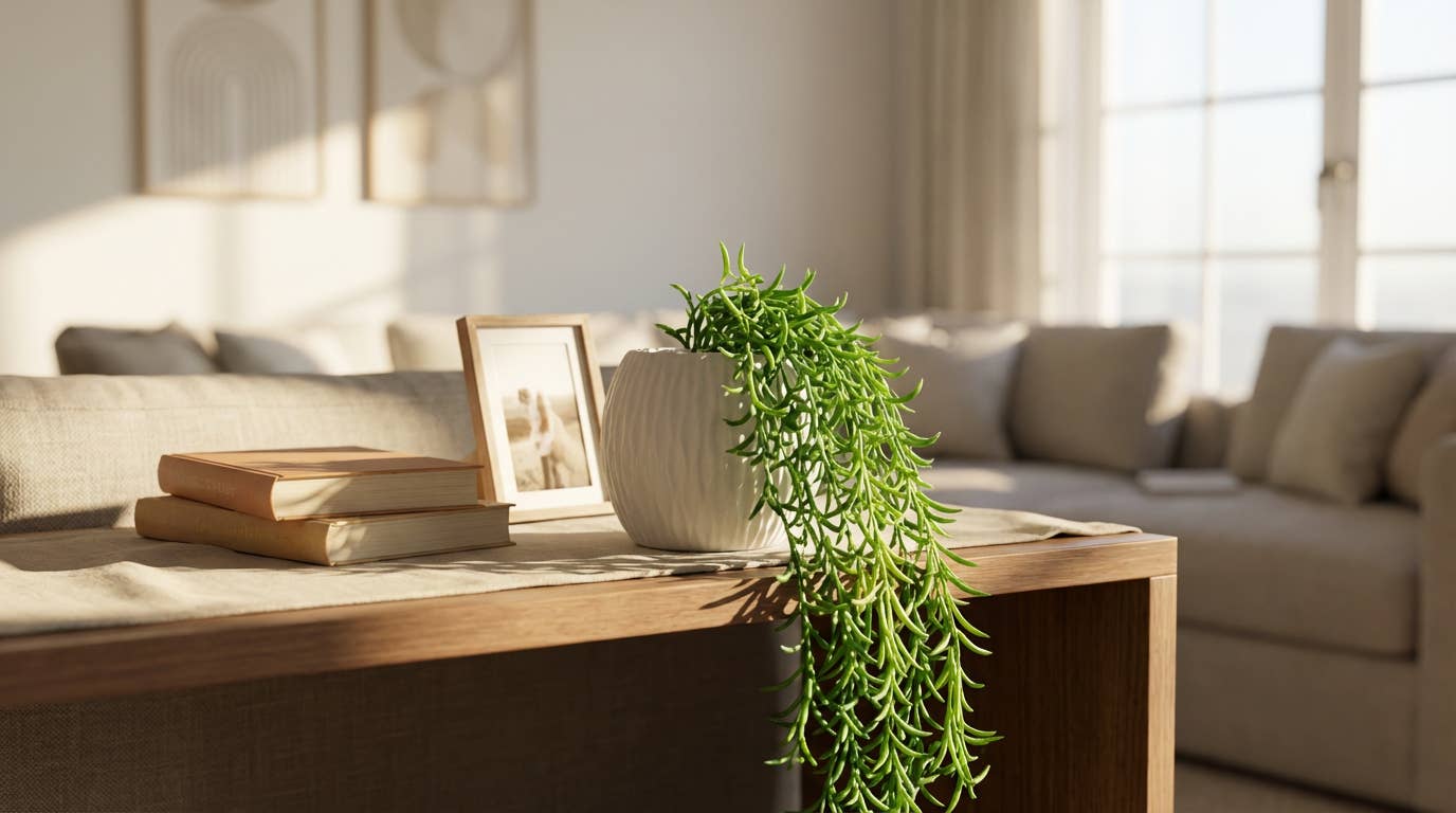 Hanging Faux String Succulent in White Ceramic Pot