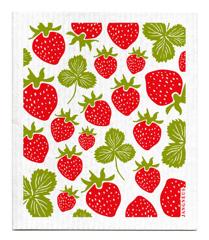 Swedish Dishcloth - Strawberries - Red - Botanical Design