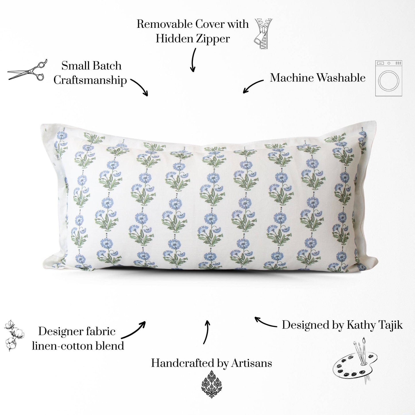 Amalthea Blue Linen Block Print Lumbar Pillow Cover
