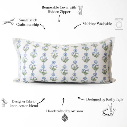 Amalthea Blue Linen Block Print Lumbar Pillow Cover