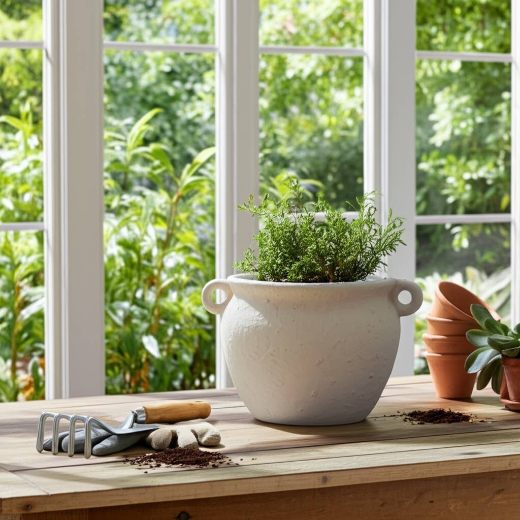 Decorative Jug Planter - White Stoneware Garden, 10 in.