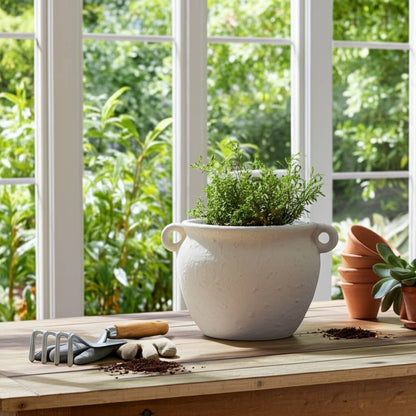 Decorative Jug Planter - White Stoneware Garden, 10 in.
