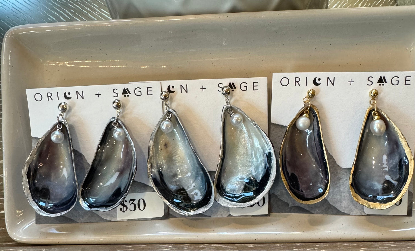 Mussel shell dangles with ball stud post and pearl