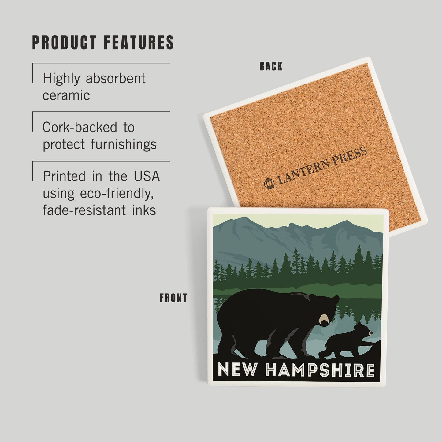 CERAMIC COASTER New Hampshire, Bears Lake & Mountain
