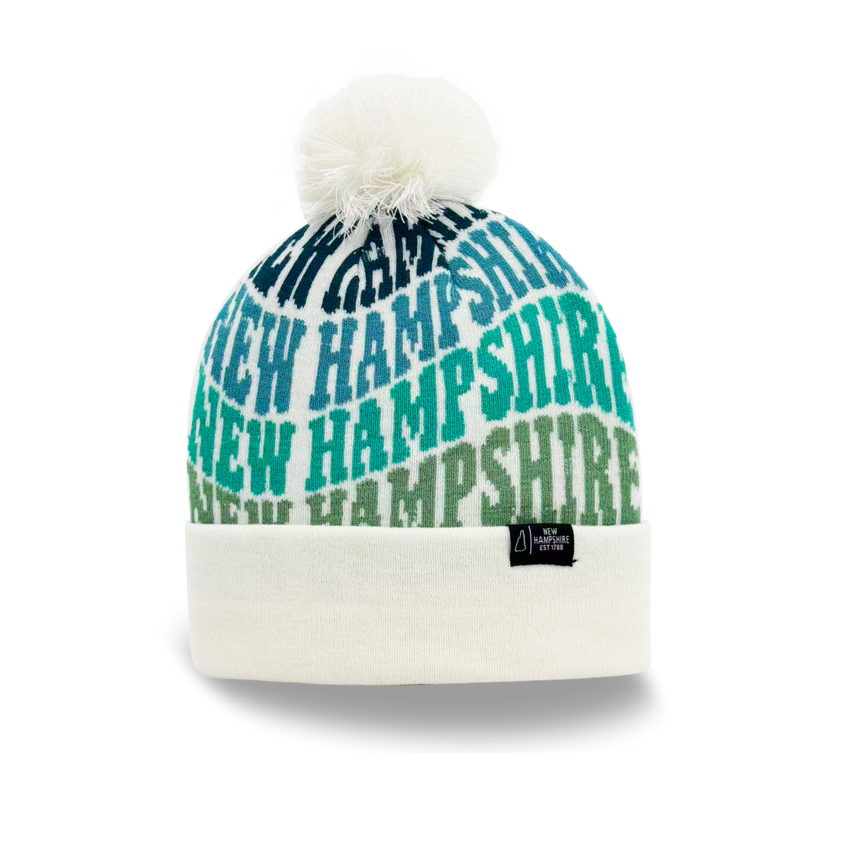New Hampshire Colorful Letter Knit Beanie – Retro Pom Pom Winter Hat with Bold Typography