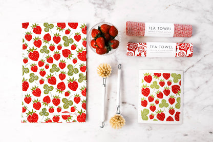 Swedish Dishcloth - Strawberries - Red - Botanical Design