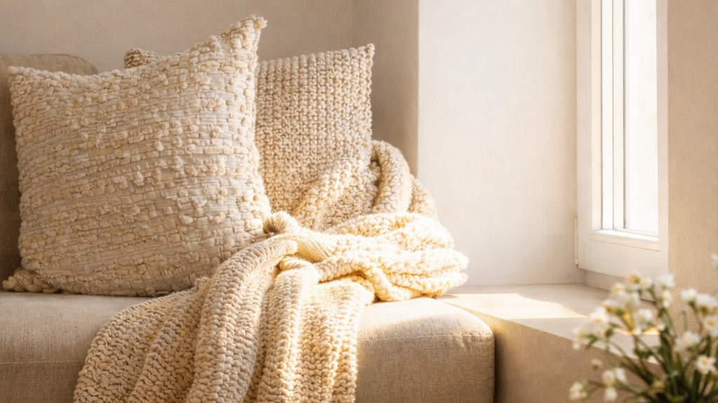 Cozy living room with beige sofa, textured throw blanket, and decorative pillows.