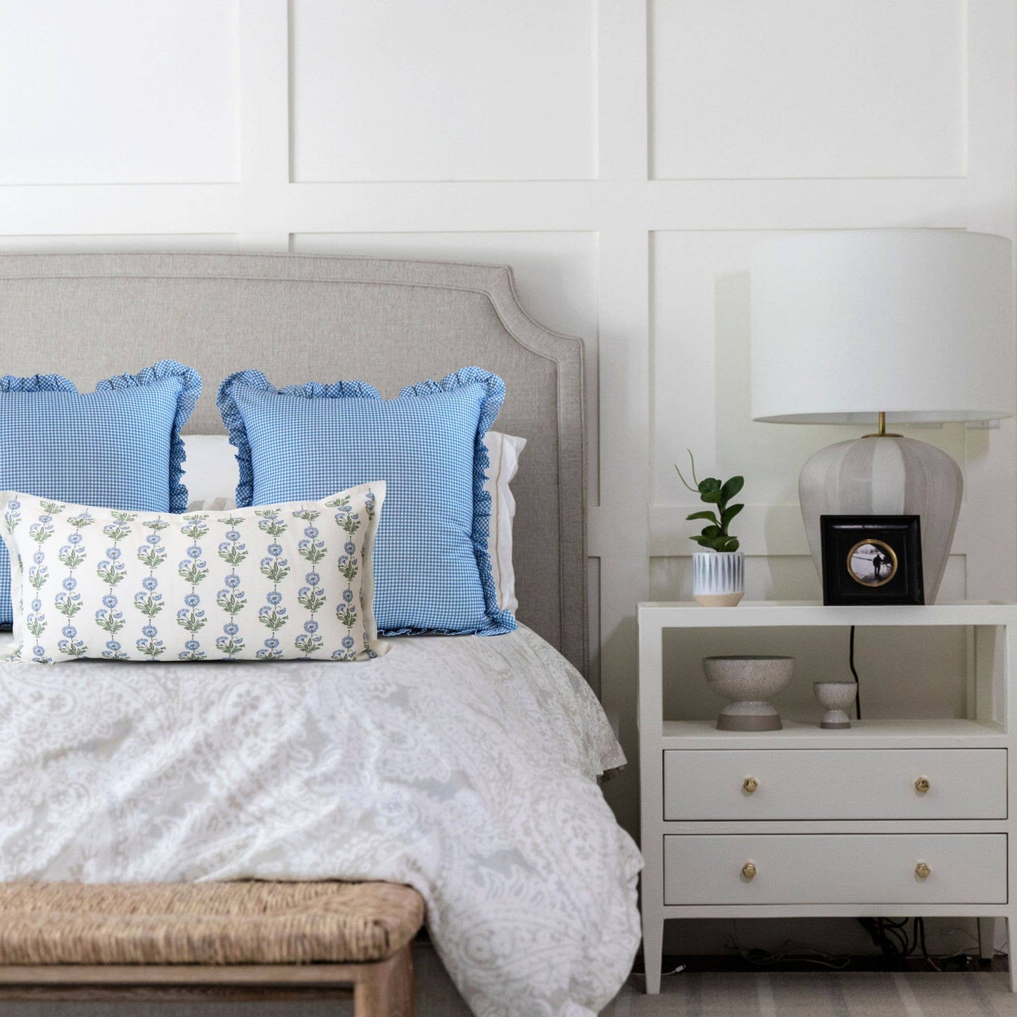 Amalthea Blue Linen Block Print Lumbar Pillow Cover