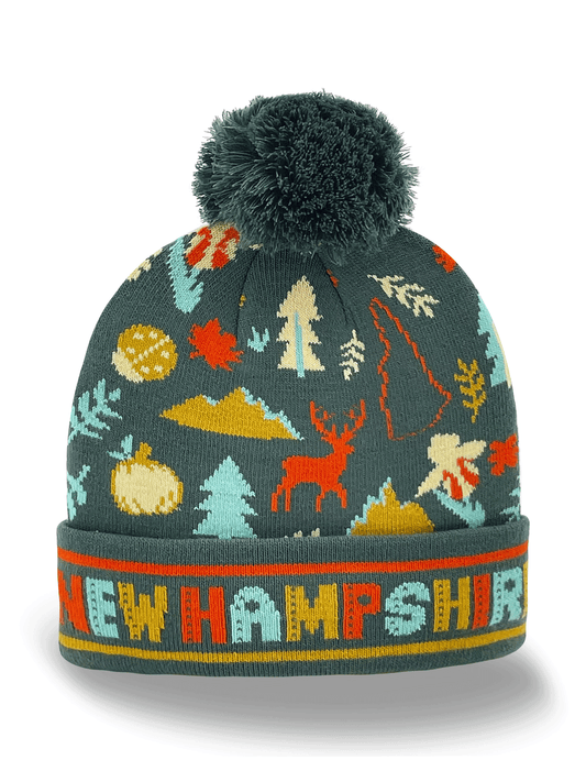 New Hampshire Knit Beanie Winter Hat with Pom Pom | White Mountains Souvenir Gift