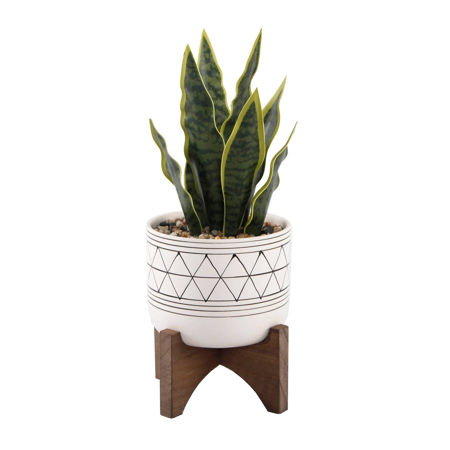 Faux Snake Plant in Ceramic Pot with Wood Stand, 12"