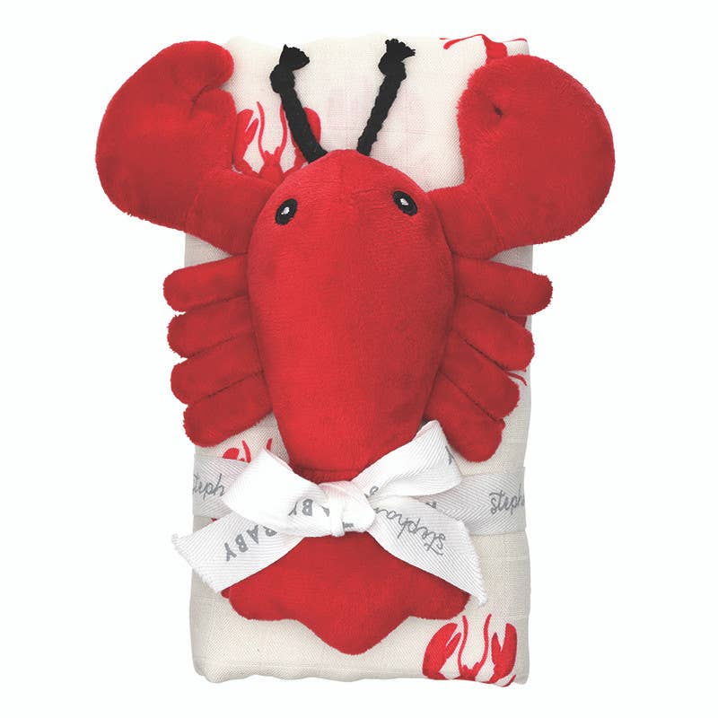 Swaddle Blanket + Plush Rattle - Lobster