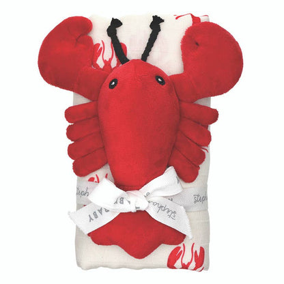 Swaddle Blanket + Plush Rattle - Lobster